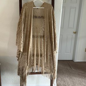 Beige fringed woven wrap shawl